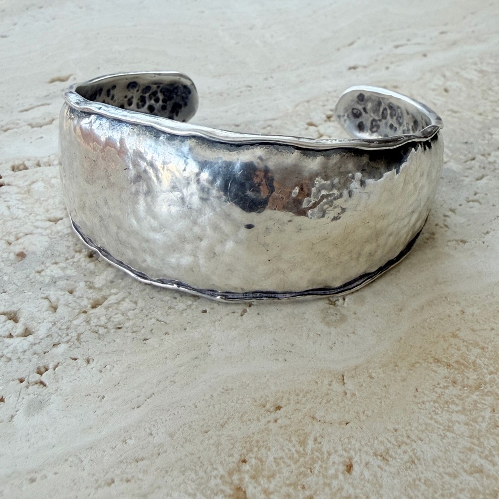 Artisan made sterling silver wide Hammered Cuff Bracelet